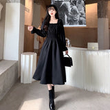 Kukombo Vintage Black Dress Women French Elegant Square Collar Long Sleeve Midi Dress 2022 Autumn Ladies Retro Clothes Chic Korean