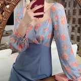 Kukombo Korean Style Elegant Chiffon Floral Print Pencil Dress Vintage Patchwork Design Puff Sleeve Office Lady Slim Midi Dresses