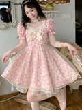 Kukombo Lace Lolita Print Dress Women French Y2K Patchwork Sweet Party Mini Dresses Female Pink Bow Summer Floral Kawaii Dress 2022 New K107