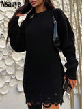 Kukombo 2022 Winter Y2K Fashion Loose Knitted O Neck Long Sleeve Black Pullover Tops Sexy Women Party Oversized Sweater Dresses