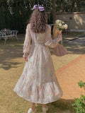 Kukombo Vintage Fairy Midi Dress Women 2022 Spring Elegant Princess Long Sleeve Floral Dress Female Court Retro Casual Lace Korean Dress