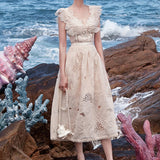Kukombo New Elegant Strap Dress Women Spring Summer Elegant Embroidery Flora Bodycon Dress Woman Party Sleeveless Beige Clothing