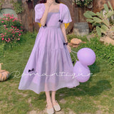 Kukombo Hstar French Square Neck Puff Sleeve Dress Women Mesh Bow Loose Long Summer New Purple Dresses Female Traf Платье Женское Robe