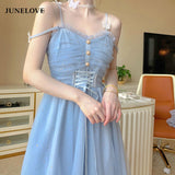 Kukombo Summer Women Sexy Lace Sundress Suspenders Ruffles Fairy Vestidos Vintage Elegant Feminine Holiday Beach Romantic Dress