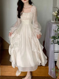 Kukombo Summer Pink Chiffon Vintage Fairy Dress Women Korean Style Elegant Party Midi Dress Female Court Retro Flare Sleeve Dresses