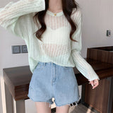 Kukombo Fashion Loose See Through Sweater Women Summer New Long Sleeve Hollow Knitted Tops Multicolor
