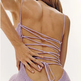 Kukombo Sexy Beachwear Holiday Spring Knitted Sweater Dress Women Spaghetti Strap Strapless Backless Lace Up Dresses Female Lace Up Robe