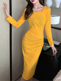 Kukombo Women's Spring Autumn Elegant Party Midi Dress Slim Waist Solid Office Lady Vestidos Sexy Split Long Sleeve Bodycon Clothing