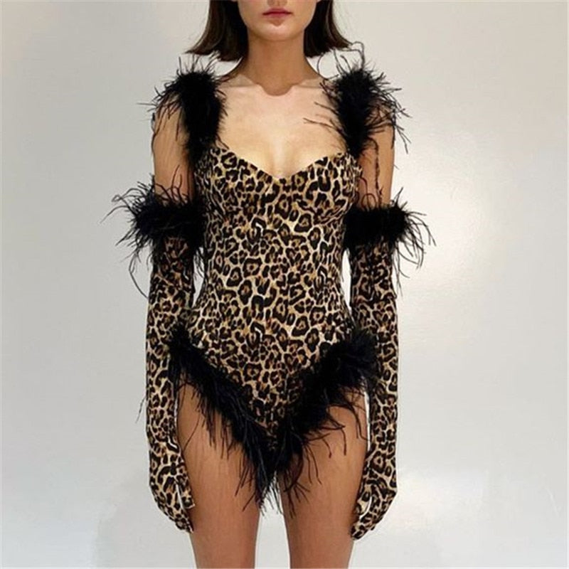Kukombo Furry Feather Trim Leopard Bodysuit With Gloves Club Outfits For Women Tops Rave Festival Clothing