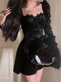 Kukombo 2023 Autumn Slim Black Velvet Dress Casual Elegant Midi Dress Woman Party Long Sleeve Vintage Lace Dress Hoco Dress