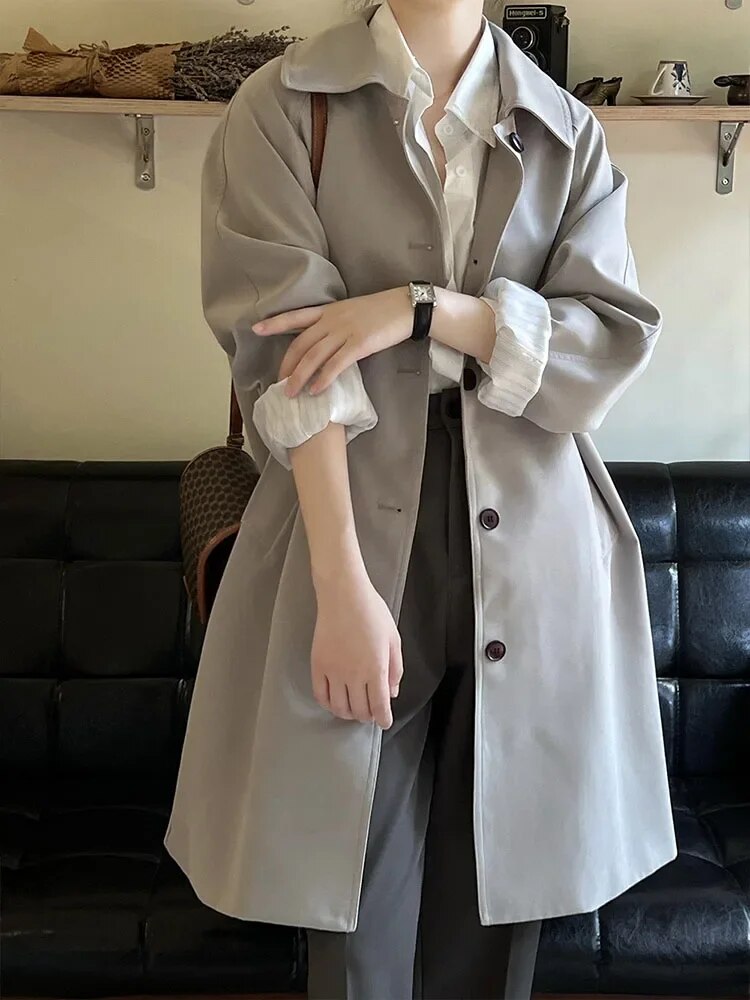 Kukombo Elegant Women Trench Long Sleeve Korean Fashion Vintage Jackets Loose Casual Lapel Solid Versatile New Autumn Winter Coats
