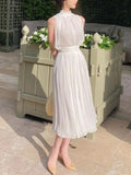 Kukombo Summer White Elegant Chiffon Midi Dress Women Sleeveless Slim Casual Pure Color Beach Dress One Piece Dress Korean Party