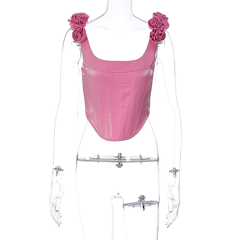 Kukombo Double Shoulder Flower Crop Top Women Vest Pink With Fishbone Sleeveless Backless Tank Tops
