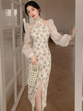 Kukombo Vintage Elegant Cheongsam Dress Women Floral Embroidery Design Party Fairy Dress Female Spring Court Retro Long Split Dress