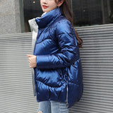 Thanksgiving Gift Ailegogo Autumn Winter Women Bright Color Stand Collar Cotton Jacket Casual Female Zipper Loose Bread Parka Chic Coat Outwear