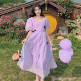 Kukombo Hstar French Square Neck Puff Sleeve Dress Women Mesh Bow Loose Long Summer New Purple Dresses Female Traf Платье Женское Robe