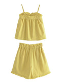 Graduation Gift Big Sale Front Sexy Hollow Out Lace Up Gingham Print Yellow Cute Summer Romper Women Sets Outfits 2 Pcs New Top Shorts Suits 2023