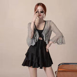 Kukombo 3 Piece Bikini Set Korean 2024 Cute Swimsuit Women Underwire Ruffle A-Line Skirt High Waist Bikini Cover Up See Through Bikinis