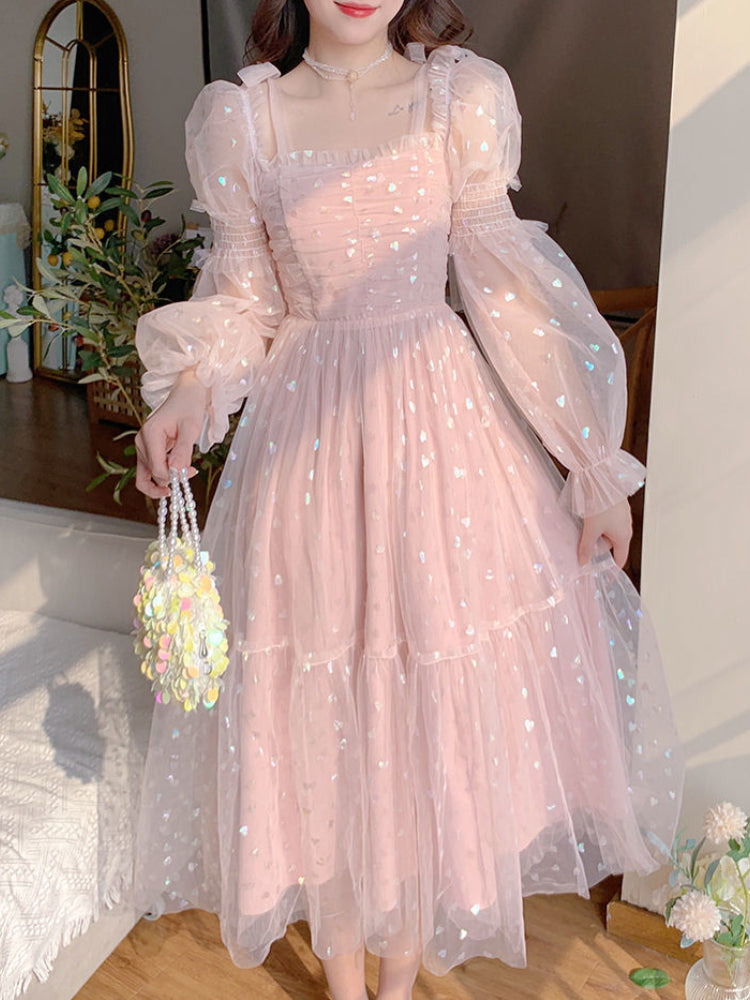 Kukombo Lace Elegant Sequin Fairy Dress Women Pink Patchwork Vintage Party Midi Dresses Female Casual Sweet Princess Kawaii Dress 2022