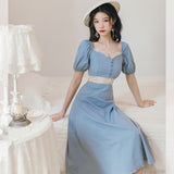Kukombo French Puff Sleeve Court Style Cream Blue Princess Dress Women Summer Short Sleeve Fairy Dresses Retro Ladies Elegant Midi Dress