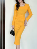 Kukombo Women's Spring Autumn Elegant Party Midi Dress Slim Waist Solid Office Lady Vestidos Sexy Split Long Sleeve Bodycon Clothing