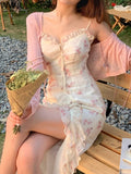 Kukombo Summer Floral Sleeveless Midi Dress Elegant Sexy French Vintage Strap Dress Woman Party One Piece Dress Korean Fashion