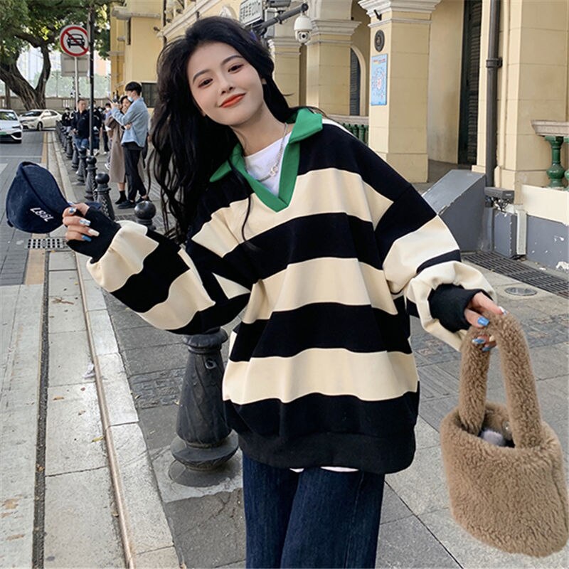 Kukombo Black White Striped Oversized Sweatshirts Women Harajuku Retro Polo Hoodies Casual Loose Pullover Tops Korean Vintage