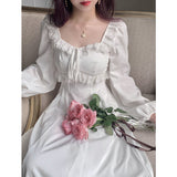 Kukombo Vintage Elegant Fairy Princess White Lace Dress Woman French Retro Square Collar Designer Slim Dress 2022 Autumn Clothes