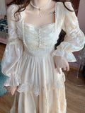 Kukombo Court Vintage Fairy Dress Women Sweet Ruffles High Waist Elegant Princess Dress Female Summer Casual Classy Party Dress New