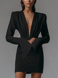 Cyber Monday Sales Autumn Sexy Solid Color Deep V Neck Blouses Slim Short Skirt Long Sleeve Mini Black Dress For Women Clothing Vestidos De Mujer