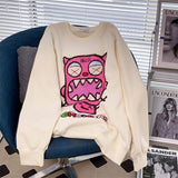 Kukombo Black White Cute Demon Harajuku Sweatshirt Korean Style Streetwear Vintage Oversize Fleece Winter Warm Crewneck Sweatshirt Women