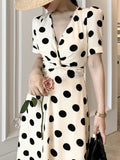 Kukombo Women's Spring Summer Polka Dots Elegant Midi Dress Short Sleeve Casual A-Line Party Black Vestidos Female Fashion Outwear Cloth