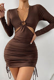 Kukombo Women's Tight Sexy V-Neck Long Sleeve Dress Brown Drawstring Hollow Mini Bag Hip Skirt Women Dresses For Party And Wedding