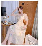 Kukombo Sweet Mesh Lace Fairy Dress Summer Woman Puff Sleeve Embroidery Floral Elegant Romantic Princess Dresses For Party Night Vestido