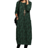Kukombo Women Midi Dress for Women 2023 Vintage Print Long Sleeves Crew Neck Dress Spring Autumn Loose Double Pockets Dress Streetwear