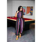 Cyber Monday Sales Women Sexy Jumpsuits Striped Ruffles Details Bodycon Jumpsuit Sleeveless Full-Length Skinny Jumpsuit Night Club