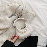 Kukombo Back To College 2024 Kawaii Tote PU Leather Half Moon Armpit Bag With Pearl Short Handle Women's Designer Handbag Luxury Shoulder Crossbody Bag