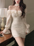 Kukombo Back to school outfit Sexy Ladies Y2K Mini Dress Women Elegant Long Sleeve Bodycon Lace Short Party Dress Casual One Piece Dress Korean 2023 Spring