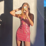 Kukombo Shiny Pink Backless Halter Dress Sexy Clubwear Summer Mini Bodycon Dress Rave Outfits Festival Clothing N85-BF15