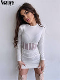 Kukombo See Through Mesh Women Chic Fashion Summer Long Sleeve Ribber Knitted Y2K Mini Dress Party Club Casual Dress 2023 Hoco Dress