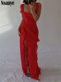 Kukombo Women Vintage High Split Bodycon Red Ruffles Summer Holiday Beach Dress 2023 Sexy Fashion Club Evening Party Dress Hoco Dress
