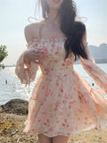 Kukombo  Floral Chiffon Dress Women Boho Beach Mini Dress Evening Party Office Lady Slim Elegant One Piece Dress Korean Summer