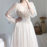 Kukombo Spring Women Dress V-Neck Puff Sleeve Mesh Midi Dress Vestidos De Mujer Casual Pink Sweet Lace Fairy Dress Elegant Long Dresses