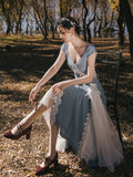 Kukombo Ladies Summer Blue Elegant Dresses Lace V-Neck Short Sleeves Sweet Vintage Princess Dress Party Fashion Women Vestidos De Fiesta