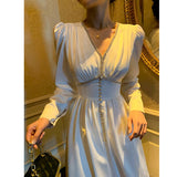 Kukombo New Elegant White Party Maxi Dress Woman Diamond V-Neck High Waist Elegant Solid Vestidos Lady Long Sleeve Dresses Female Cloth