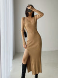 Kukombo Long Sleeve Midi Dress Woman V Neck Knitted Dresses Solid Autumn Winter High Slit Bodycon Dress Y2k Fashion Khaki Sweater Dress