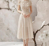 Kukombo 2023 New Autumn Woman Dress Beige Lace O-Neck Casual High Waist Mesh Maxi Dresses Female Vestido Runway Design