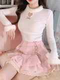 Kukombo Japanese Pink Sweet Lolita Blouse Women Winter Warm Kawaii Knitted Blouse Female Long Sleeve Tops Korean Style Clothing 2022 New K132