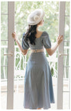 Kukombo French Puff Sleeve Court Style Cream Blue Princess Dress Women Summer Short Sleeve Fairy Dresses Retro Ladies Elegant Midi Dress