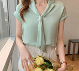 Kukombo Summer New Korean Style Trendy Streamer V-Neck Shirt Tie Collar Short Sleeve Solid Color Blouse Office Lady Shirt For Women